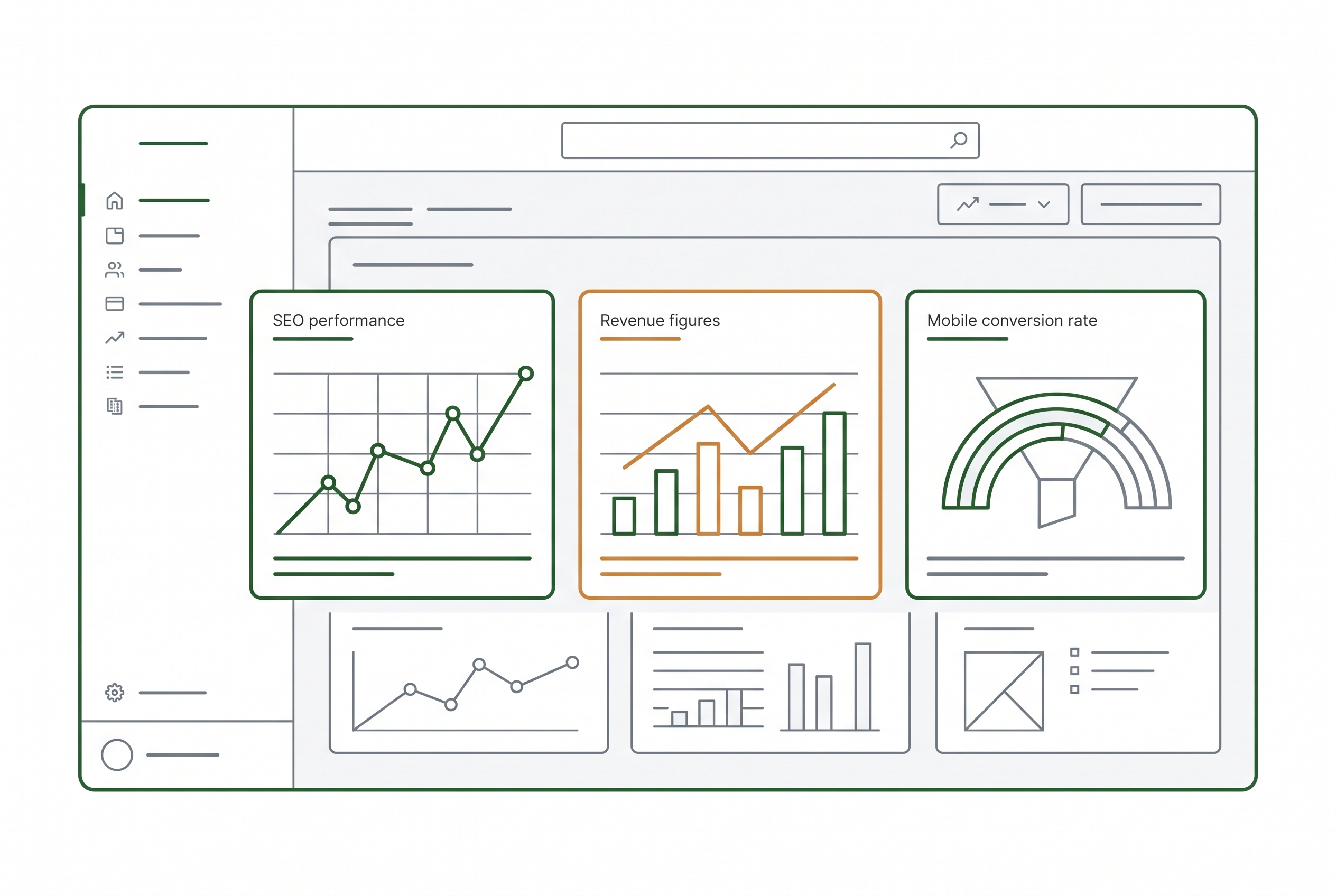 Shopware Dashboard mit SEO-, Umsatz- und Mobile-Kennzahlen für Performance-Übersicht
