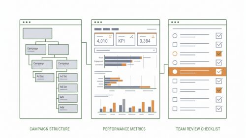 SEA-Dashboard mit Kampagnenstruktur, Metriken und Team-Review für Optimierung